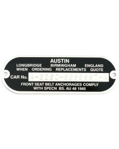 LMG1054S Austin Chassis Number plate, specially reverse stamped to your Minis chassis number.