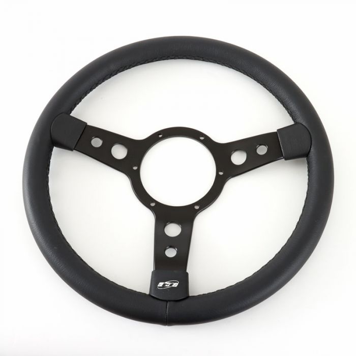 Classic Mini Mountney Black Leather Steering Wheel with Black Anodised Spokes