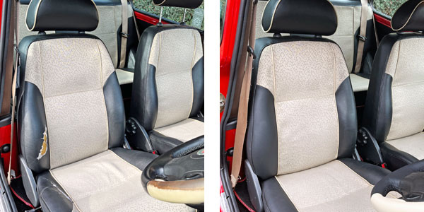 Side-by-side comparison showing before and after restoration of a classic Mini seat with bespoke detailing.